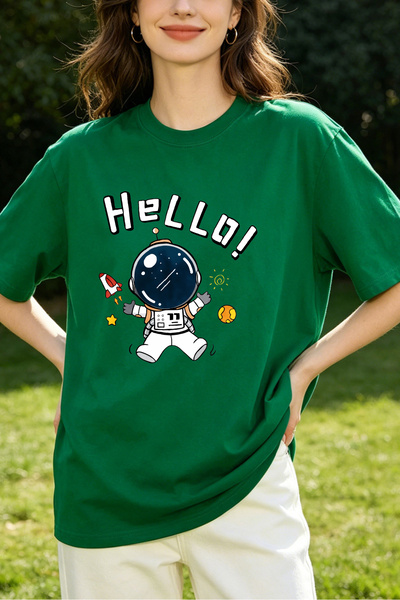 Fleck تي شيرت نسائي بطبعة Hello Astronaut، قميص صيفي فضفاض غير رسمي