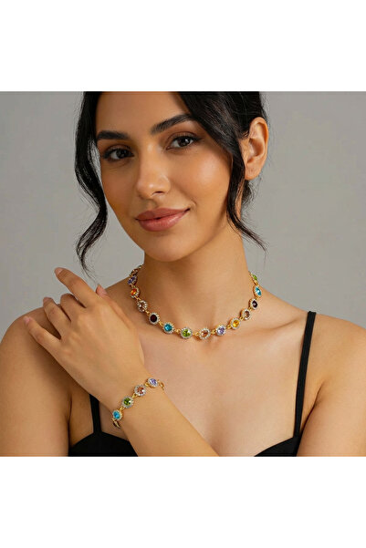 Choice Gold Korean Colorful Crystal Choker Necklace Bracelet for Women Sparkl...