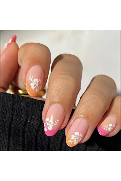 Choice Beige 24PCS Pink Pressing Short Almond Fake Nail White Flower Design C...
