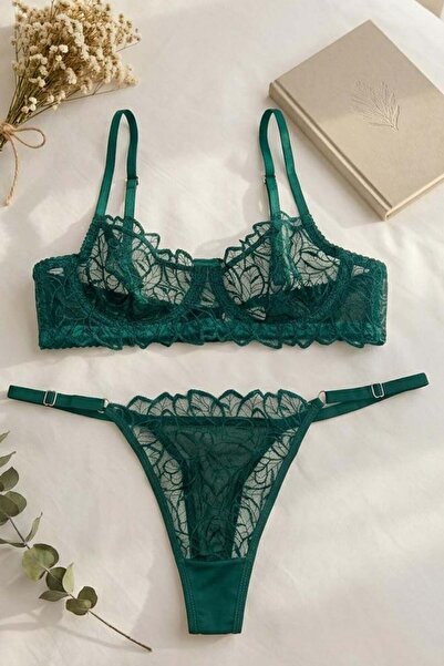lamelif Σετ σουτιέν με δαντέλα σε σμαραγδί πράσινο χρώμα