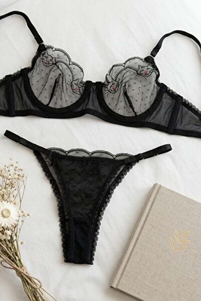 lamelif Σετ σουτιέν με κέντημα γάτας, μαύρο