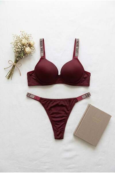 lamelif Σετ Σουτιέν Μικρο-ύφασμα Μονόχρωμο με Πέτρες Υποστήριξης Βουργουνδίας