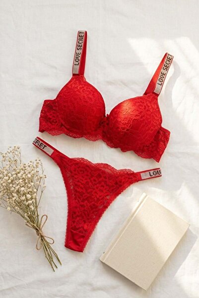 lamelif Σετ Σουτιέν με Δαντέλα και Πέτρες Κόκκινο