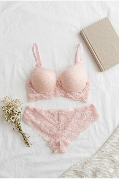 lamelif Σετ σουτιέν με δαντέλα και ενίσχυση, χρώμα Candy Pink