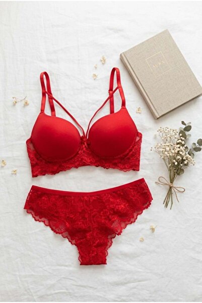 lamelif Σετ σουτιέν με δαντέλα και τιράντες σε κόκκινο χρώμα