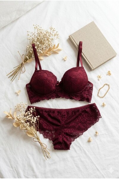 lamelif Σετ σουτιέν με δαντέλα και ενίσχυση, μπορντό