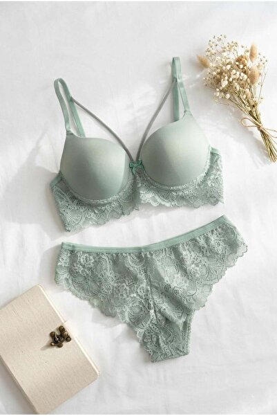 lamelif Σετ σουτιέν με δαντέλα και τιράντες σε πράσινο μέντα
