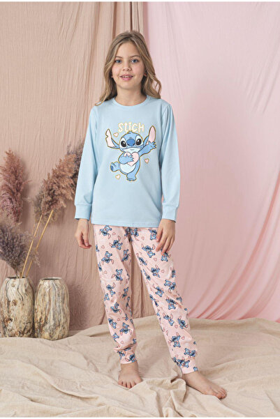 Stitch Kız Çocuk Baskılı Uzun Kollu Mavi Pijama Takımı (BEDEN BİLGİLERİ KISMI...