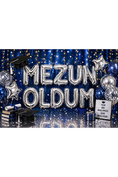 Dizayn Parti Evi 84 cm Mezuniyet Folyo Harf Balon Seti – MEZUN OLDUM Gold & G...