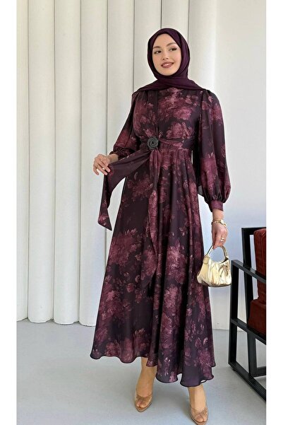 Gülsoy Toka Detaylı Saten Elbise- Bordo