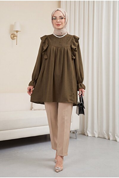 Modamorfo Τουνίκ από λινό με δαντέλα και βολάν στους ώμους - καφέ