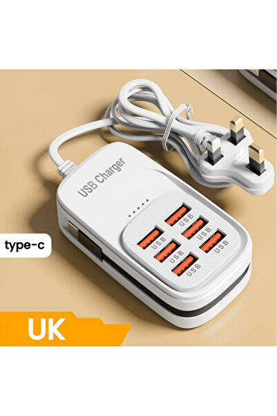 choice2 شاحن USB سريع أبيض بـ 6 منافذ للمملكة المتحدة، محطة شحن مكتبية 6 في 1...