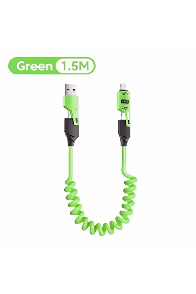 Choice4 كابل بيانات قصير زنبركي 4 في 1 65 وات أخضر بطول 1.5 متر، 6 أمبير، USB...
