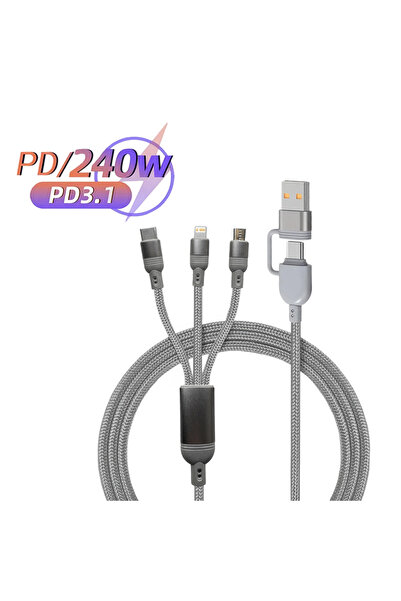 Choice كابل شحن رمادي 1.2 متر 2 في 3 من نوع USB-C متعدد المنافذ مع كابل مايكر...