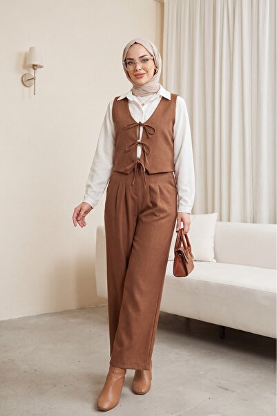 Modamorfo Σετ δύο τεμαχίων: Γιλέκο με δέσιμο μπροστά και παντελόνι - ταμπά