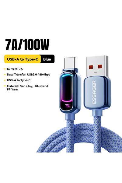 choice2 كابل ESSAGER USB Type C أزرق بطول 2 متر، 7 أمبير، شحن سريع PD3.1 لأجه...