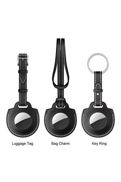 Choice6 Key Ring Black 2 AirTag Case Genuine Leather Key Ring for Air Tag Key...