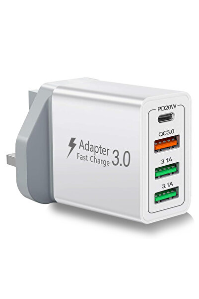 Choice1 شاحن حائط بريطاني أبيض بـ 4 منافذ USB-A و USB-C، محول شحن سريع 40 واط...
