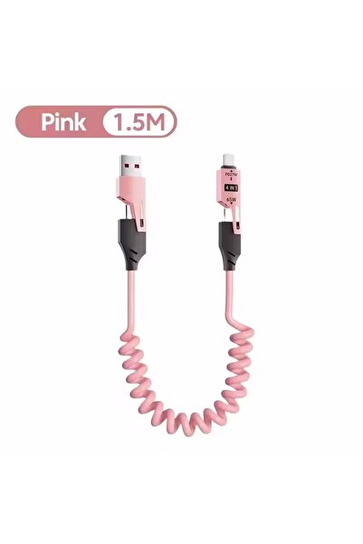 Choice3 1.5m Pink 4 in 1 65W Spring Short Data Cable 6A USB Type C Spring Tel...