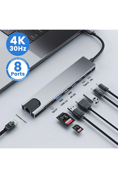 Choice محول يو إس بي رمادي 8 في 1 من النوع سي 3 في 1 إلى 4K HDTV مع قارئ بطاق...