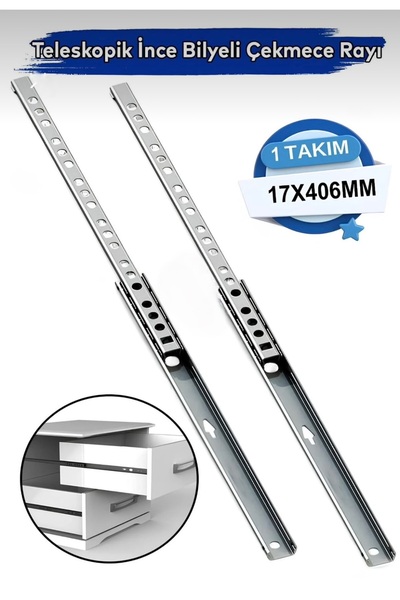 Fimax FMX406 Teleskopik İnce Bilyeli Dolap Çekmece Rayı Sürgüsü Metal En 17 m...
