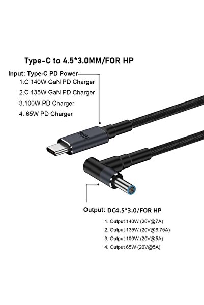Choice4 -4530 for HP 180CM Laptop USB Type C to DC Cable 20V 7A Emark Chip PD...