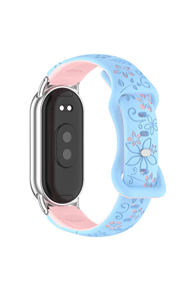 Choice سوار سيليكون أزرق فاتح ووردي ثلاثي الأبعاد منقوش بالزهور لـ Mi Band 8 ...