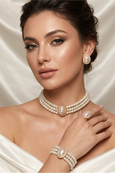 Happyline Cam İncili oval taşlı gold kaplama inci tasma choker kolye tasarım ...