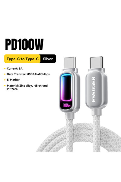 Choice12 كابل ESSAGER فضي بطول 2 متر، 100 واط، USB C إلى USB C، شحن سريع 100 ...
