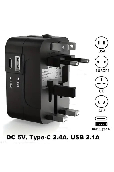 Choice شاحن سفر عالمي أسود مع منفذ USB واحد ومنفذ Type-C واحد، شاحن عالمي متع...