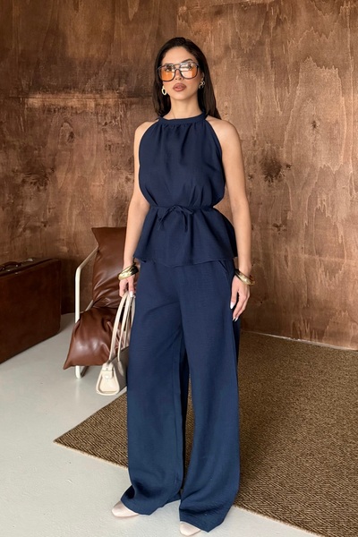 BEJNA Γυναικείο Σετ Μπλούζας και Παντελονιού με Λεπτομέρεια Δεσίματος, Λινό μ...