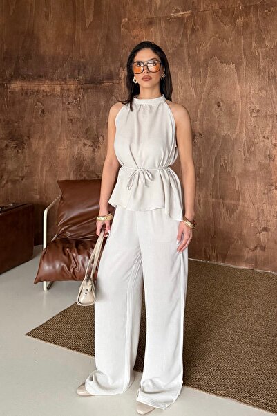 BEJNA Γυναικείο Σετ Μπλούζας και Παντελονιού με Λεπτομέρεια Δεσίματος, Λινό μ...