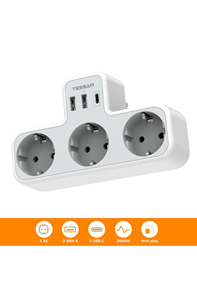 Choice قابس أوروبي رمادي اللون مع منفذين USB ومنفذ Type C واحد، شريط طاقة TES...
