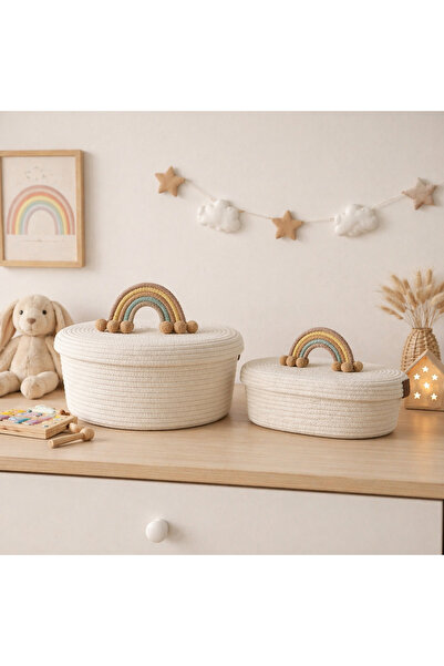 Berçak Home Χειροποίητο Σετ Ψάθινων Καλαθιών με Λεπτομέρειες Ουράνιου Τόξου κ...