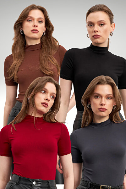 Bipantolon Γυναικεία Μαύρη Μπλούζα Κοντομάνικη σε Ανθρακί Καφέ Βουργουνδία, Π...