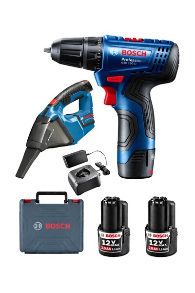 Bosch Gsr 120 Li 2 Ah Çift Bataryalı Vidalama ve Gas 12 Şarjlı Araç SÜPÜRGESİ