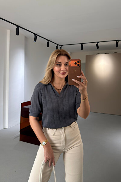 Sezgi Tekin Polo Collar Anthracite Short Sleeve Mercerized Knitwear