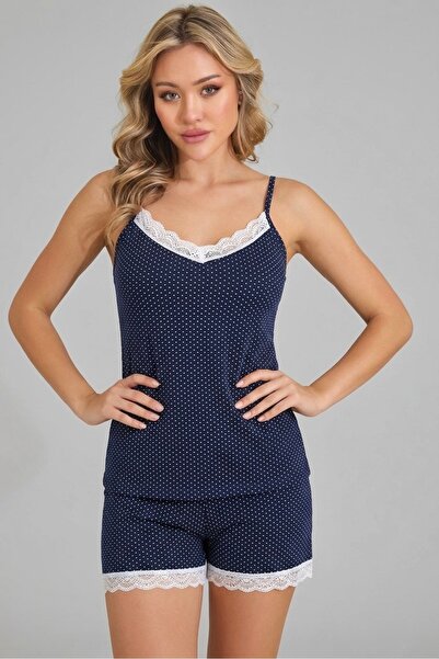 ModaYaren Σετ πιτζάμες πουά με δαντελωτό κεντημένο τοπ με τιράντες και σορτς