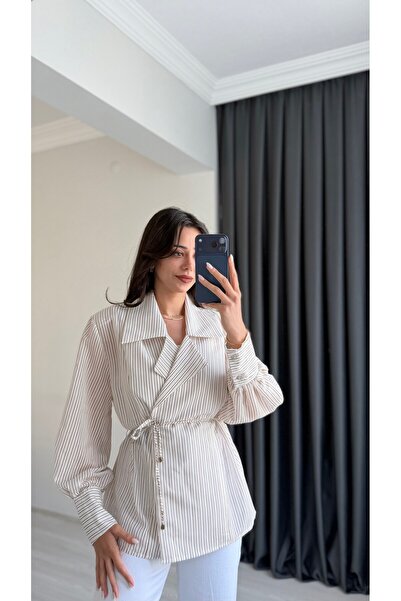 Sedaunlu Kylie Premium Seri Vatkalı Kruvaze Tensel Bluz Kahverengi Çizgili