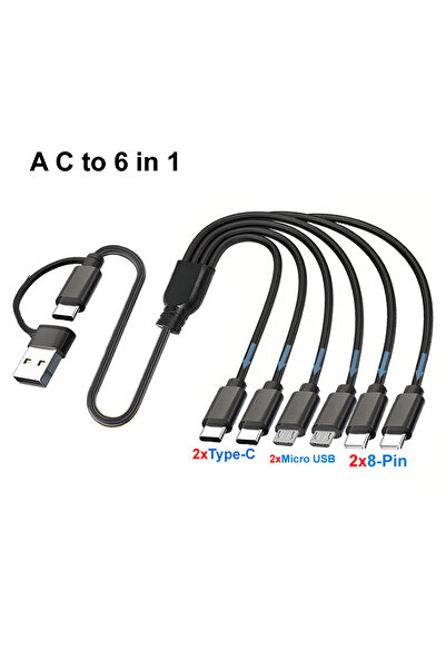 choice2 كابل شحن متعدد الوظائف 6 في 1 من النوع C بطول 50 سم - سلك شحن عالمي 3...