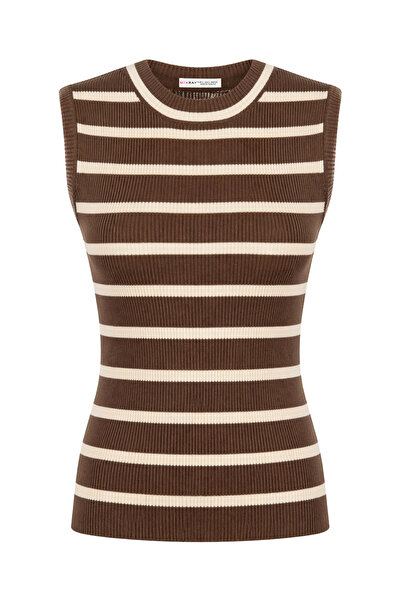 Mixray 2088 Γυναικείο ριγέ βασικό καλοκαιρινό πλεκτό κορμάκι Natural