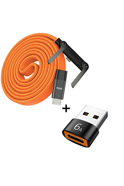 Choice كابل شحن فائق السرعة برتقالي اللون بقوة 240 واط مع منفذ USB-C وOTG، حا...