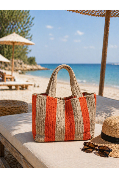 Sea Style Πλεκτή Μποέμ ριγέ τσάντα παραλίας μεγάλου μεγέθους