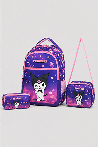 KAFF Purple Kuromi Patterned Bag, Lunch Bag, Pencil Holder, Girls' 3-Piece Se...