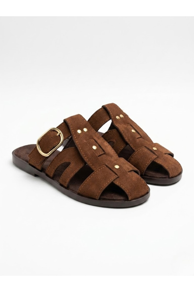 modastilin Nerissa Women's Tan Multi-Strap Gold Buckle Suede Textured Flat So...