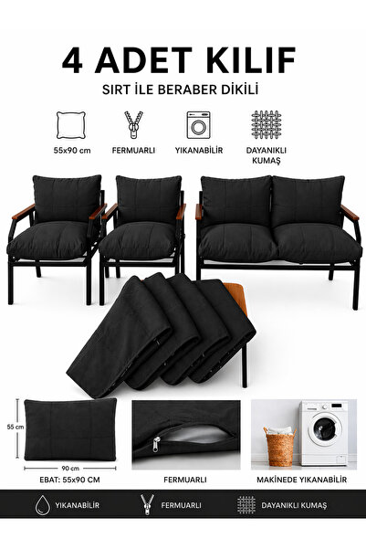 UFUK HOME Balkon Bahçe Takımı Minder Kılıfı 4’lü Siyah Set 55x90 cm Fermuarlı...