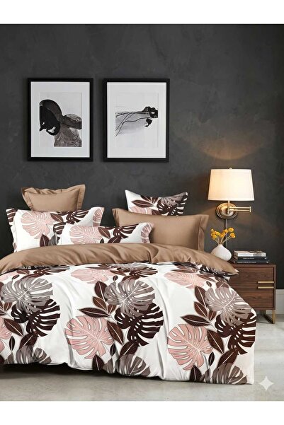 OEM Σετ διπλής παπλωματοθήκης FINET 6 τεμαχίων, μπεζ/καφέ με σχέδιο τροπικών ...