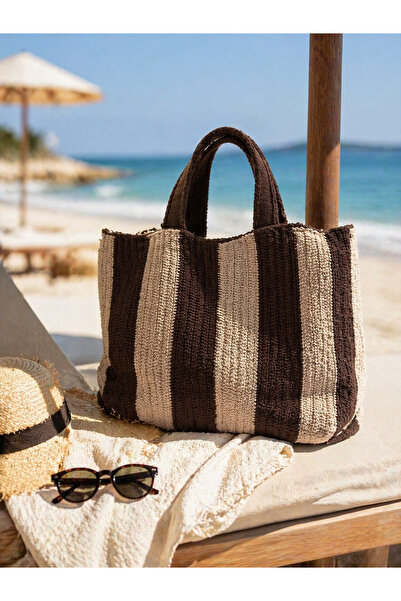 Sea Style Χειροποίητη πλεκτή μποέμ ριγέ τσάντα παραλίας μεγάλου μεγέθους