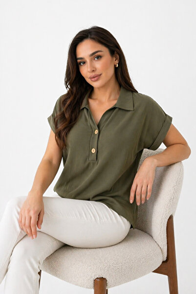 modavingo Γυναικεία μπλούζα Aerobin με χακί γιακά με πατιλέτες