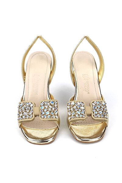 Lady Sunna Seravyner Dore Metalik Taşlı Toka Detaylı Slingback 8 Cm Orta Topuklu Kadın Ayakkabı